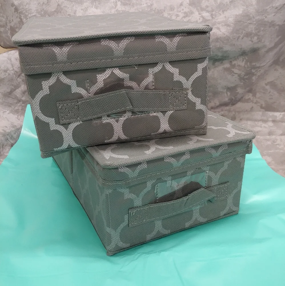 NEW 2 PK Gray, Silver FOLDABLE STORAGE BOXES, Shoes & More- Lightweight Hangable